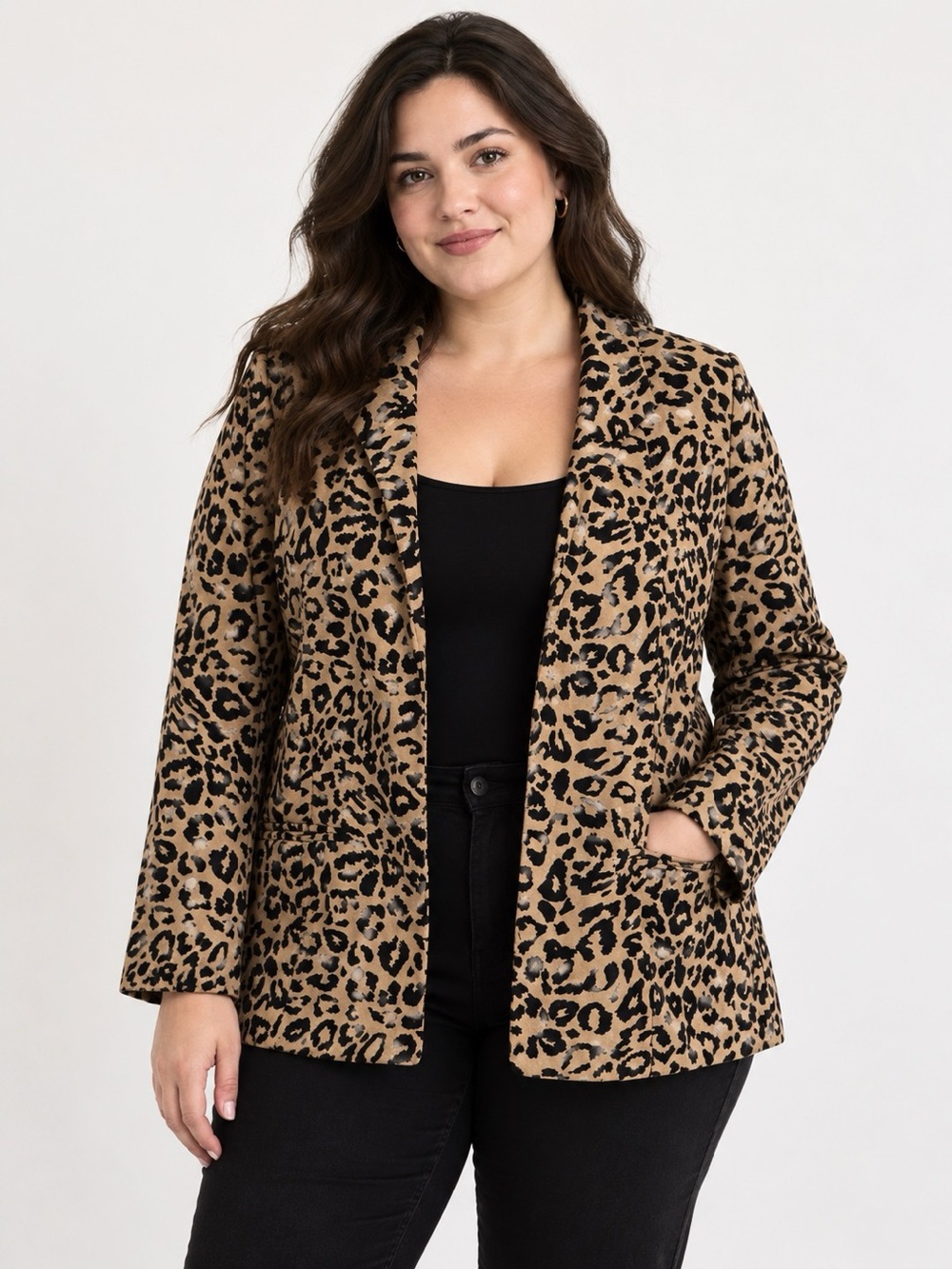 Chico’s Leopard Print Velvet Blazer Jacket Tan Black Animal Print Open Front